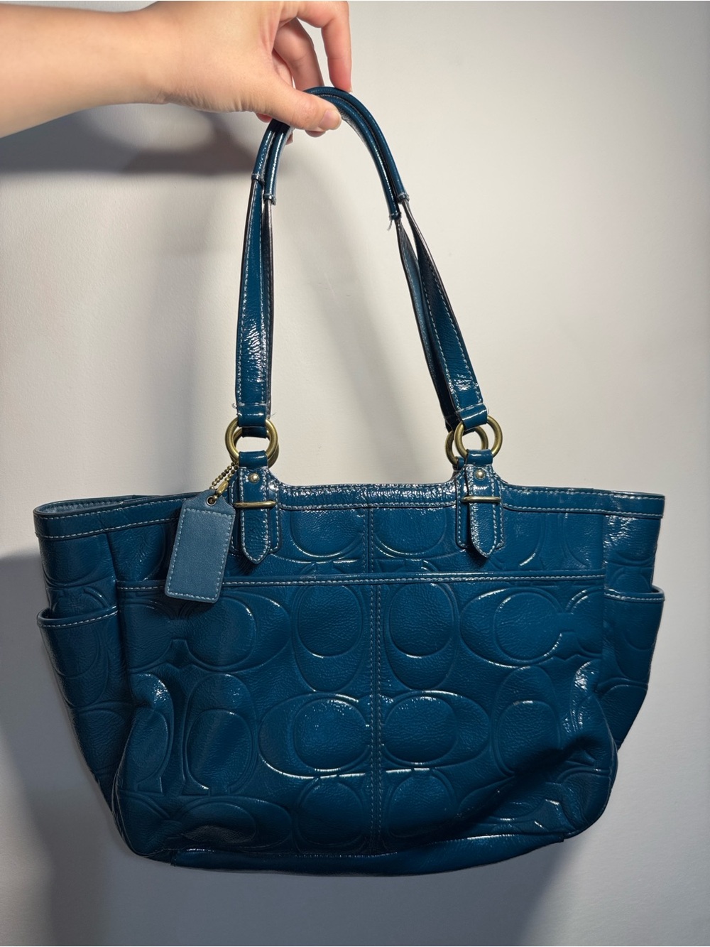 Coach Teal Patent Leather Signature Tote with Gold Hardware - Picture 2 of 2